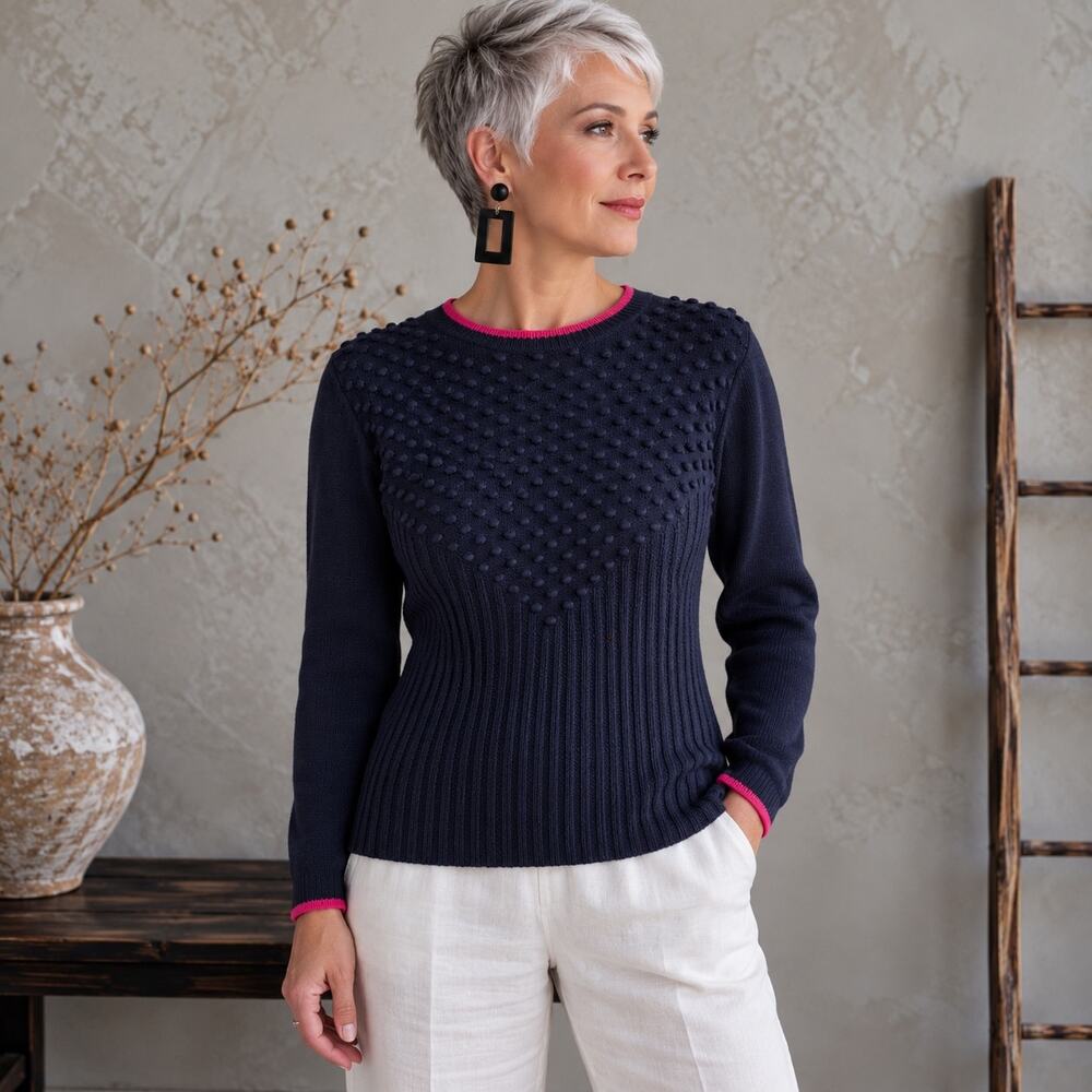Talbots Navy Sweater Popcorn Knit Back Zip Sweater Medium